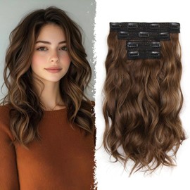 Clip in Hair Extensions - 14 Inch Wavy Synthetic Hair Extensions Clip ins (Color: Chestnut Brown with Light Brown Highlights)