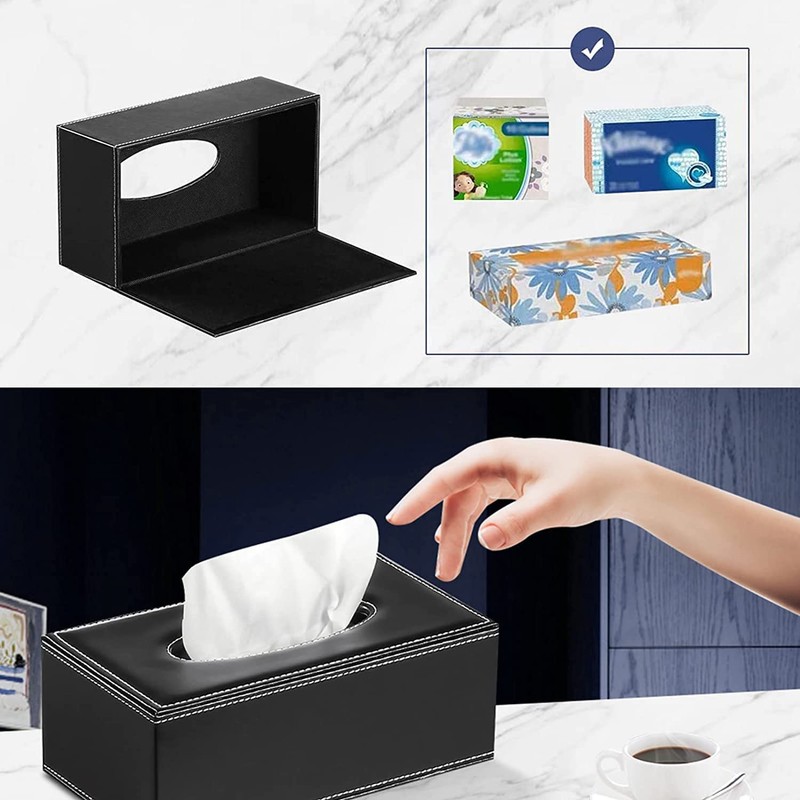 Uandhome Leather Tissue Box, Black Rectangle Tissue Paper Holder Box