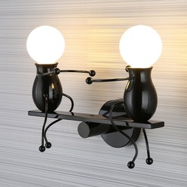 SOUTHPO LED Wall Light Fixtures Creative Double Little People Mini Wall Sconces Lighting Modern Decor Adjustable Swing Metal Bedside Lamp Children Cartoon Doll Gift Wall Lamps Bedroom 2×E26 Black