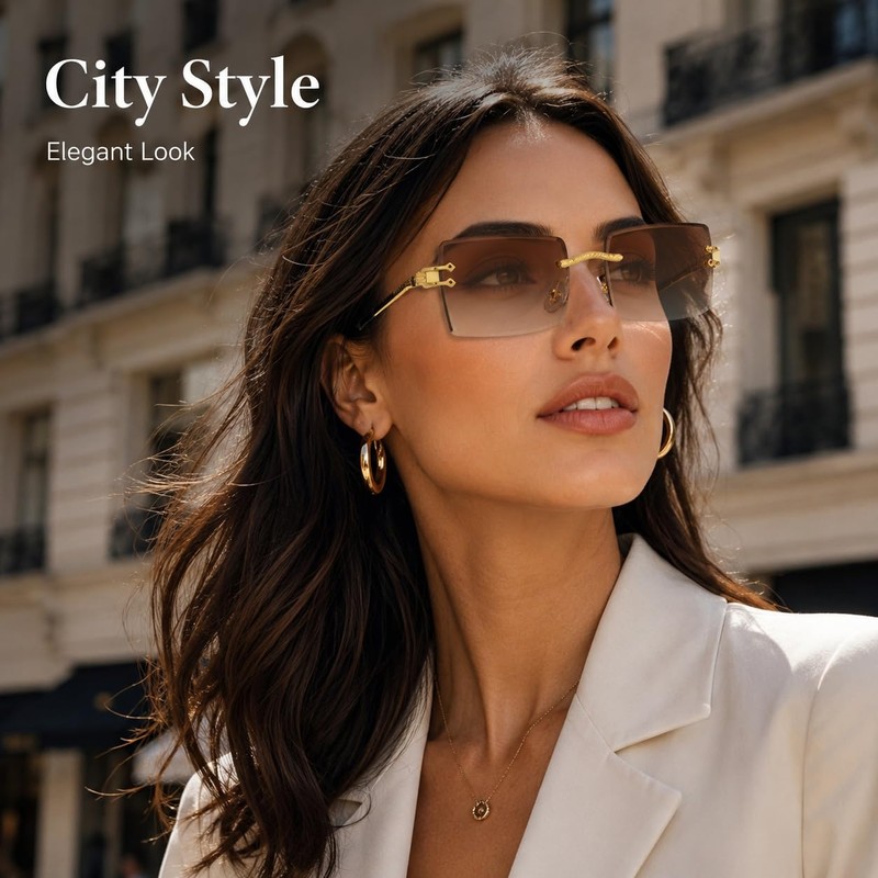 AOOLIA Rectangle Gradient Rimless Sunglasses Women Men Transparent Tinted Metal