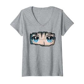 Womens Glitch Manga Eyes Aesthetic Japanese Art V-Neck T-Shirt