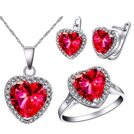 Uloveido White Gold Plated Wedding Bridal Red Jewellery Set for Girls Heart Earrings Pendant Necklace and Rings Set for Women Anniversary Engagement Birthday Jewellery Gift T481