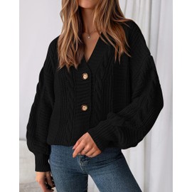 dowerme Cardigan Sweaters for Women Fall Fashion 2025 V Neck Long Sleeve Chunky Cable Knit Sweaters Button Loose Outwear(Black,Small)