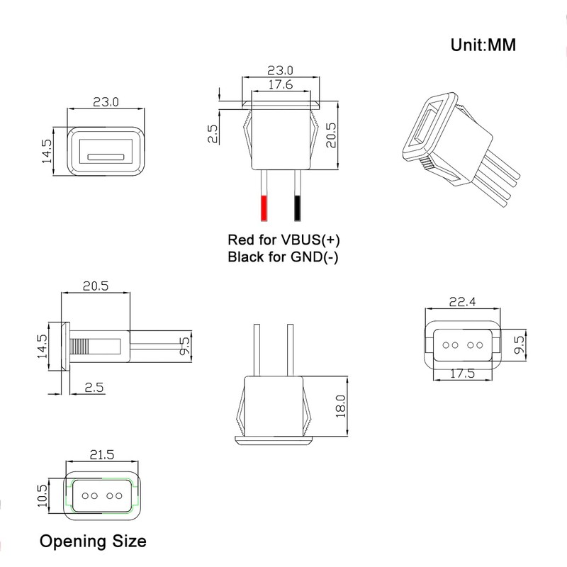 Greluma 5pcs 3A 2 Pin USB Female 2 Wire USB