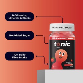 Tonic Health Kids Vitamins Gummies - 14 in 1 Kids Multivitamin with Vitamins A, C, D, E and Zinc, Strawberry Flavour, Month Supply (60 Count), Ages 4-12, No Added Sugar, No Sweeteners, Vegan