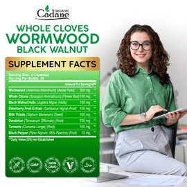 Organic Cadane Wormwood Whole Cloves Black Walnut | Digestive & Herbal Support | Elderberry, Milk Thistle & More | Non-GMO, Vegan – 90 Capsules – 45-Day Supply