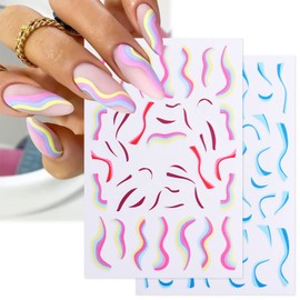 DANNEASY 12 Sheets Coloured Ribbon Nail Stickers Self Adhesive Nail Art Stickers Colorful Stripe Block Nail Decals Nail Design Stickers 3D Nail Decoration for Women Kids Girl
