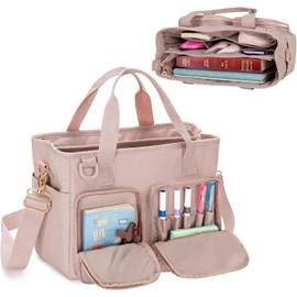 Teamoy Large Bible Tote Bag, Women Bible Cover Carrying Case Church Bag with Water Bottle Pocket and Shoulder Strap, Pink Quilted