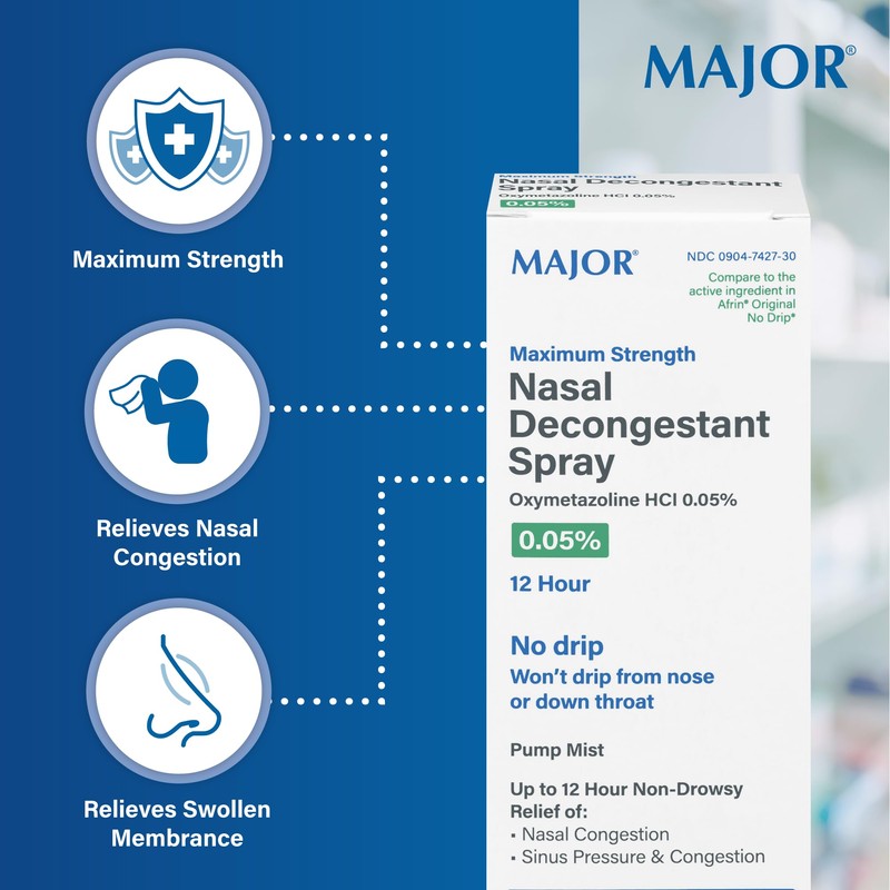 MAJOR 12-Hour Nasal Decongestant Spray-Oxymetazoline Hydrochloride 0.05% Nose Spray for