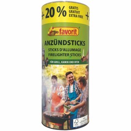 Favorit 1257 Anzündestiks Naturholz; Praktische Anzünder aus Echtholz und Wachs, besonders brennstark und einfach zu verwenden; in praktischer Vorratsbox, 100 Stück + 20% gratis