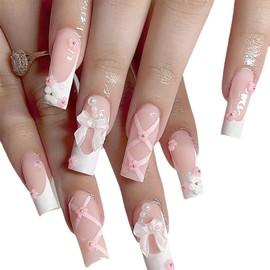 Press on Nails Long Artificial Nails French Tip Nails for Sticking 3D Bows Flowers Artificial Nails Pink White Artificial Nails Fake Nails Fingernails Nail Art Accessories Pack of 24