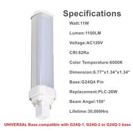 SATZOL 11W G24Q-3 GX24Q-3 LED Bulb, 4 Pin CFL LED Replacement, G24Q-3 PLC-26W Replacement, 1100LM, 120V 3000K LED Horizontal PL Bulb, Bypass The Ballast (Warm White 3000K)