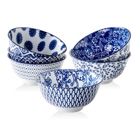 Gibsimi Ceramic Soup Bowls Set - 24 Oz Porcelain Deep Cereal Bowl - 6 Inch Large Dinner Bowl Kitchen Eating Pasta Salad Rice Oatmeal Noodle Snack - Microwave Dishwasher Safe - Set of 6 - Vintage Blue