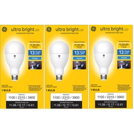 GE (case of 3) Plump Ultra Bright LED 3-Way Light Bulb, 75/150/250 watt Equivalent, Daylight, 1100/2310/3900 lumens, exceptionally Bright LED, Frost Finish. Note- Bulb is Large, Portly A23