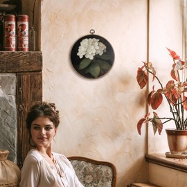 FUGWN Vintage Hydrangea Floral Round Wall Art Decor Framed, Dark Cottagecore White Hydrangea Floral Canvas Artwork Prints, Flower Wall Hanging Decorations for Home Bedroom Living Room, 10x10 Inch