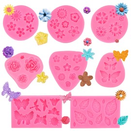 8-Pack Flower Molds Silicone, Fondant Molds, Flower Chocolate Mold, Leaf and Insect Assortment, for Clay Resin, Soap, Ice Cubes, Jelly, Wax, Baking and Cupcake Decoration