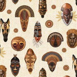 QT Fabrics Tribal 29746 E Ecru Masks Fabric