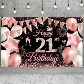 180 * 110cm Happy 21st Birthday Banner Girls Women,Black Rose 21st Birthday Decorations Backdrop Fabric 21st Birthday Sign Poster Birthday Photo Background for Her Him 21 Birthday Anniversary Party