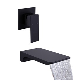 HAMOLER Wall Mount Bathtub Faucet Waterfall Bathroom Sink Faucet Single Handle Wall Mount Widespread Waterfall Vessel Faucet 2 Hole Lavatory Vanity Faucets, Matte Black