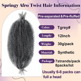 Sunsmilely Marley Twist Braiding Hair 12 Inch Afro Twist Hair 8 Packs Kinky Braiding Hair Twisted Up Springy Afro Twist Hair Ombre Gray Marley Hair Synthetic Wrapping Hair for Soft Locs