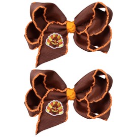 4in Brown Embroidered Ribbon Thank Give Turkey Hair Bow Clip for Girls