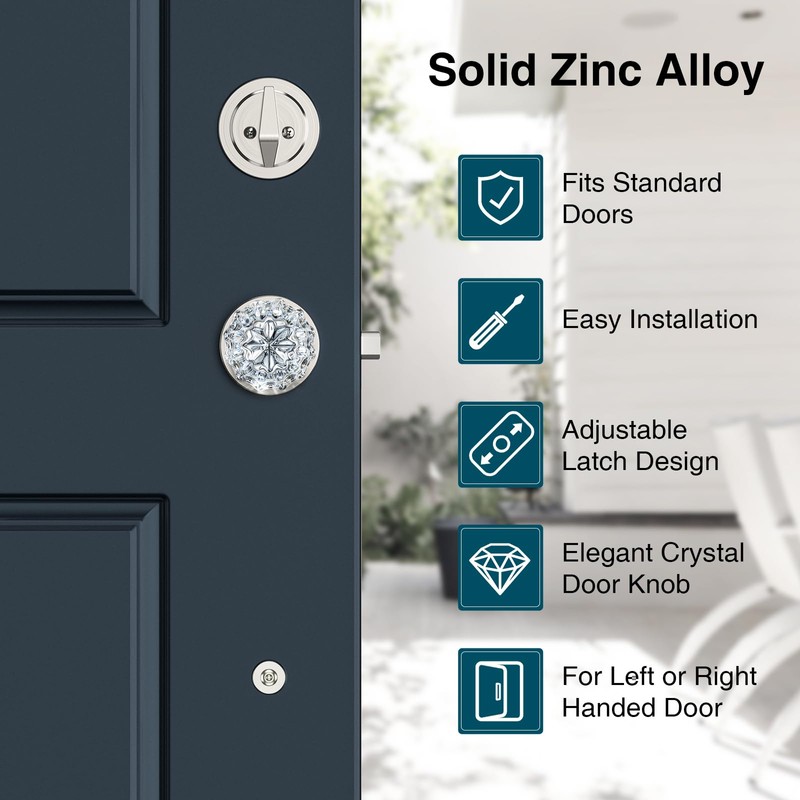 Calzibeno Brushed Nickel Front Door Handle and Deadbolt Set, Front
