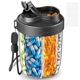 Partidor de Pastillas con 7 Compartimentos Grandes, con 20 Etiquetas, Pastillero de Viaje, Diseño Antimezcla y Diseño de Apertura Amplia, para Diferentes Medicamentos y Suplementos (Negro)