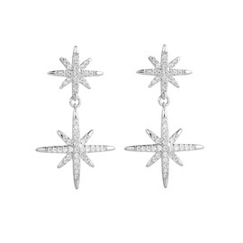 Silver Statement Earrings – Star Earrings – Unique Double Starburst Drop Design – featuring Pave set Cubic Zirconia (CZ) -Designed in USA – Great Gift (Silver)