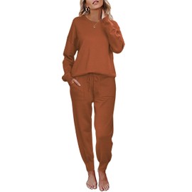 Ekouaer Women's 2 Piece Lounge Set Long Sleeve Knit Pajamas Sweatsuit Jogger Pant Outfits With Pockets,Caramel,Large