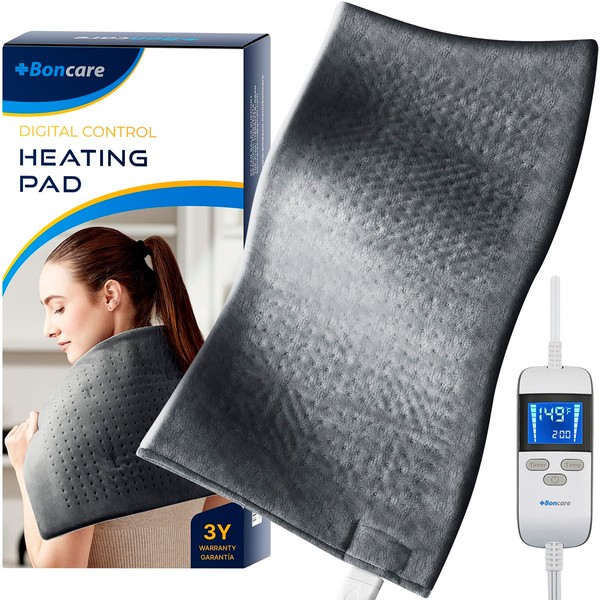 Boncare LCD Digital Control Extra Large Heating Pads for Back Pain Relief and Cramps with Auto Shut Off Fomentera de Calor Super Soft Moist/Dry Heat 12” x 24” (Dark Gray)