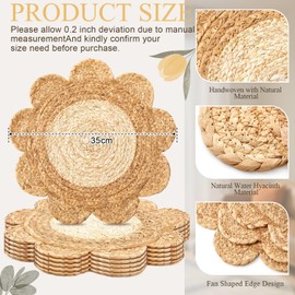 Gandeer 6 Set 13.8" Round Woven Rattan Placemats Plate Chargers with Wooden Beads Napkin Rings, Scalloped Edge Rattan Place Mats, Boho Farmhouse Straw Table Mats for Dining Table Decor, Party, Events