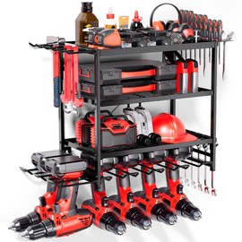 CATCHLUCK Power Tool Organizer Wall Mount, Heavy Duty Metal Tool Storage Rack, Metal Drill Holder with 4 Layers and 12 Hooks