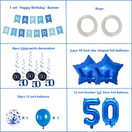 Pargleev 50th Birthday Party Decorations for Men Women in Blue Comprise Balloons with Swirl Decorations, A Happy Birthday Banner, A Set of 16-Inch "50" Numbers and Star Foil Balloons in Blue.