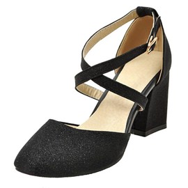 HSyc JRX Women's Glitter Pumps with Ankle Strap and 7 cm Block Heel High Heels Strap Shoes, black, 40 EU