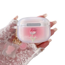 PHOEACC Compatible with Airpod Pro 2 / Airpod Pro Case Cute Aesthetic Romantic Rose Flower with Keychain Clear Frosted Protective Cover for Girls Women (Rose Pink)