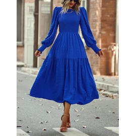 PRETTYGARDEN Women 2025 Spring Puff Long Sleeve Crewneck Smocked Maxi Dress Empire Waist Tiered A-line Swing Flowy Long Dress(Royal Blue,Large)