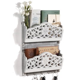 Key and Mail Holder for Wall, 2-Slot Mail Organizer Wall Mount with 5 Key Hooks, Wooden Key Hangers Wall File Organizer Letter Sorter, Key Rack for Entryway and Home Decor,Extra Wide (Extra Large)