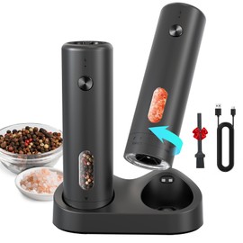 CIRCLE JOY Rechargeable Electric Salt and Pepper Grinder Set with Charging Base, Automatic Pepper Mills with 110ml Container, External Adjustable Coarseness, White Led Light, Easy to Operate, Black
