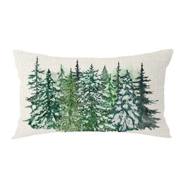 FELENIW Merry Christmas Cedar Trees Watercolor Painting for Holiday Lumbar Decorative Throw Pillow Cover Cushion Case Cotton Linen for Bed Sofa Holiday Outdoor 12x20inches
