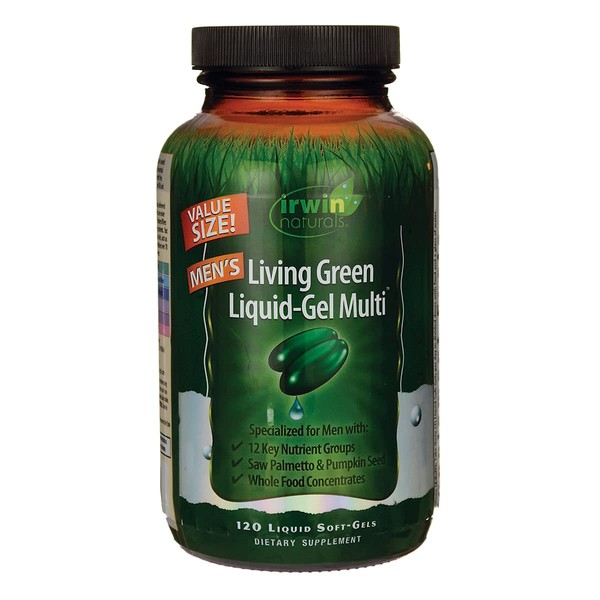Irwin Naturals Men's Living Green Liquid-Gel Multi - 70 Essential Nutrients, Vitamins, Wholefood Blend - Targeted Adrenal & Brain Support - 120 Liquid Softgels