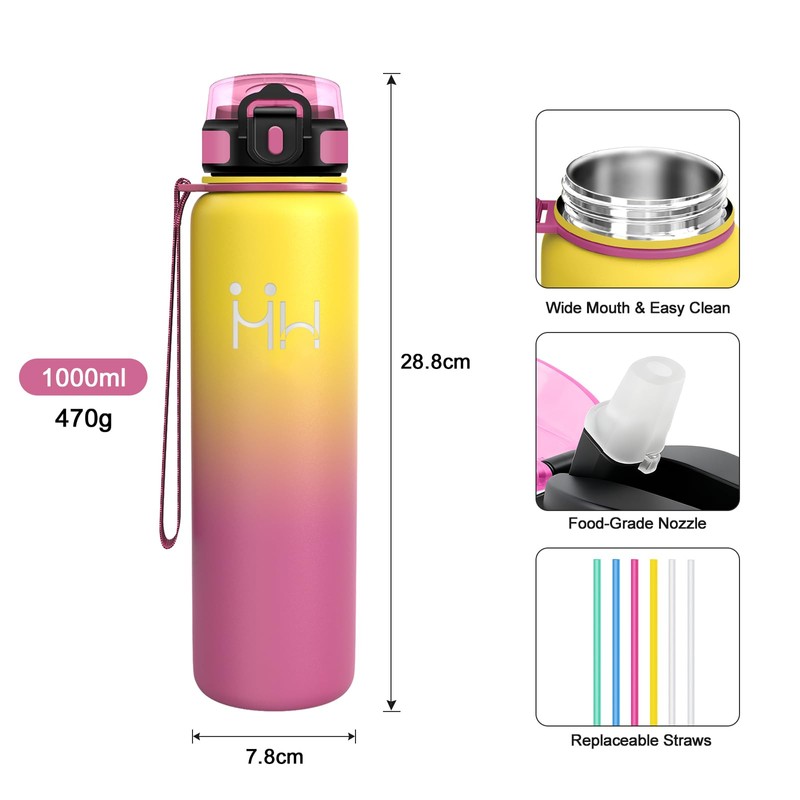 Borraccia Acciaio Inox 1L, Bottiglia Acqua con Cannuccia, Riutilizzabile, a