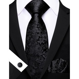 Barry.Wang Black Tie for Men Floral Silk Necktie Pocket Square Cufflinks Formal Business Wedding Party Prom