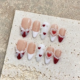 TENPAL French Tip Press on Nails Almond Handmade False Nails Press Ons White Pink Oval Nails with Bow Cat Eye Pearls Designs Full Cover Nail Tips 10pcs/box Glossy Acrylic Nails Glue on Nails(L)