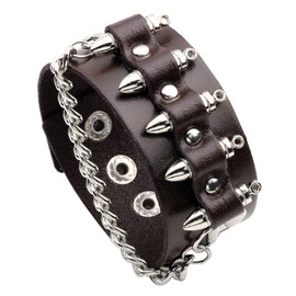 Fusamk Punk Rock Snap Bracelet Bullet Chain Wristband Wide Leather Cuff Bracelet(Brown)