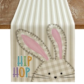 ARKENY Easter Table Runner 13x60 Inches, Bunny Rabbit Hip Hop Spring Holiday Farmhouse Stripe Burlap Indoor Table Decorations for Home AT561-60
