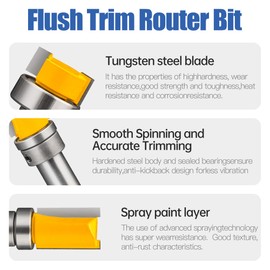 HUHAO Pattern Flush Trim Router Bit 1/4 Shank Carbide Tipped Router Template Bit 1/4 Pattern Router Bit with Top Bearing - 4 PCS Flush Cut Router Bit for Engraving, Edge Trimming, Template Routing