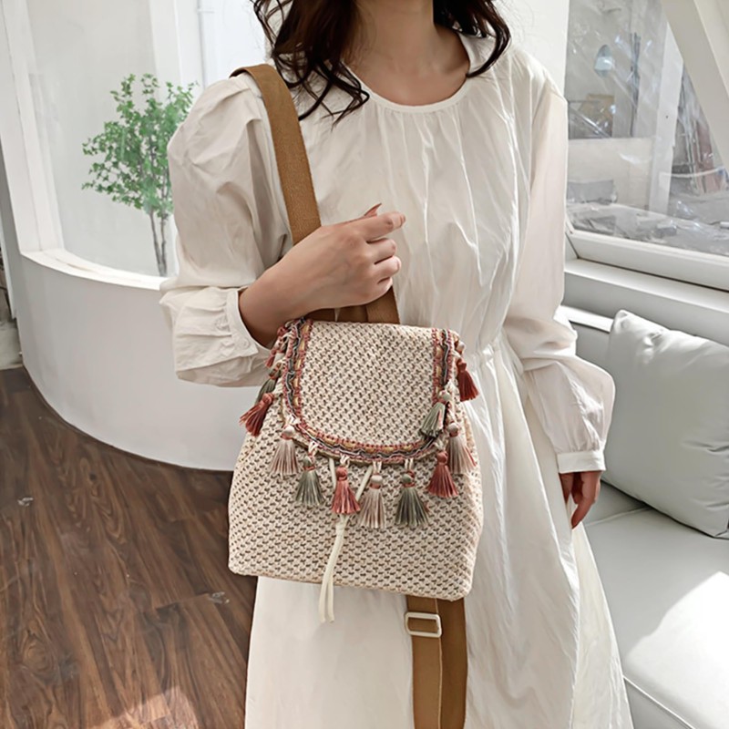 Women Mini Straw Flap Backpack Boho Summer Fringed Tassel Shoulder