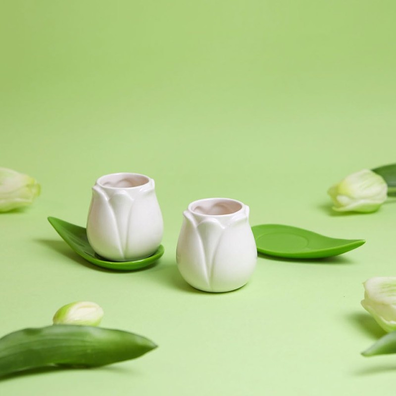 balvi Tulip Coffee Cup Set White/Green 2 Tulip Shaped Coffee