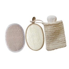 IWOWHERO 3 Pcs Natural Loofah Bath Set Exfoliating Body Scrubber for Shower Spa with White Loofah Brushes and Cotton Linen Soap Bag Soft Skin Exfoliator for Cleaning