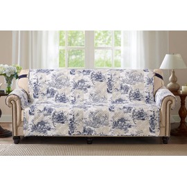 Brilliant Sunshine Blue Toile Couch Cover, Quilted X-Large Sofa Slipcover, 78" Seat Width, Slip Resistant Furniture Protector, 2" Strap, Washable Couch Cover for Pets, Kids, Dogs, Cats, Blue Beige